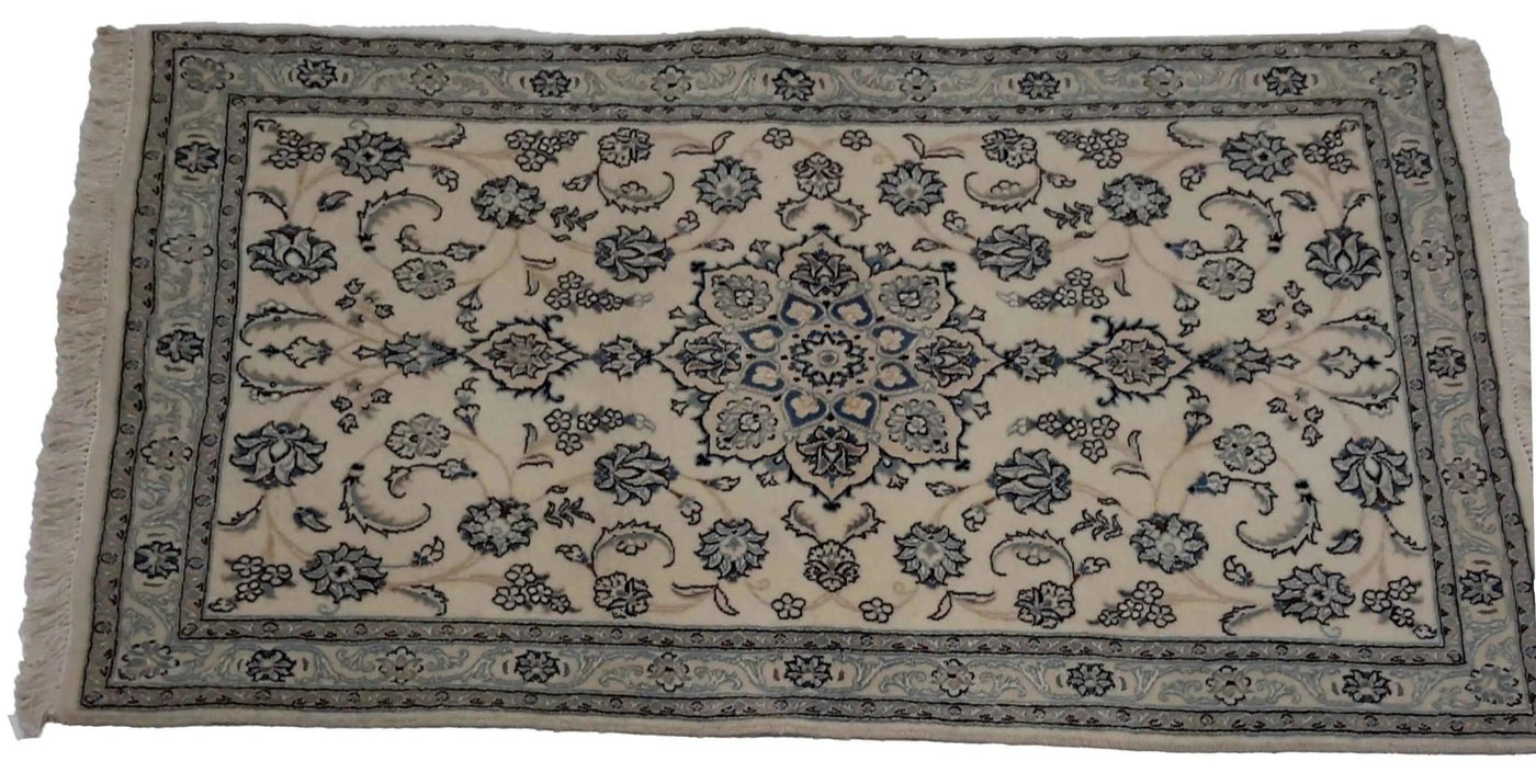 Canvello Hand Made Casual Nain 9 Line Medallion Beige Background Beige Border 100% Wool on Cotton - 2'11'' X 4'9'' - Canvello