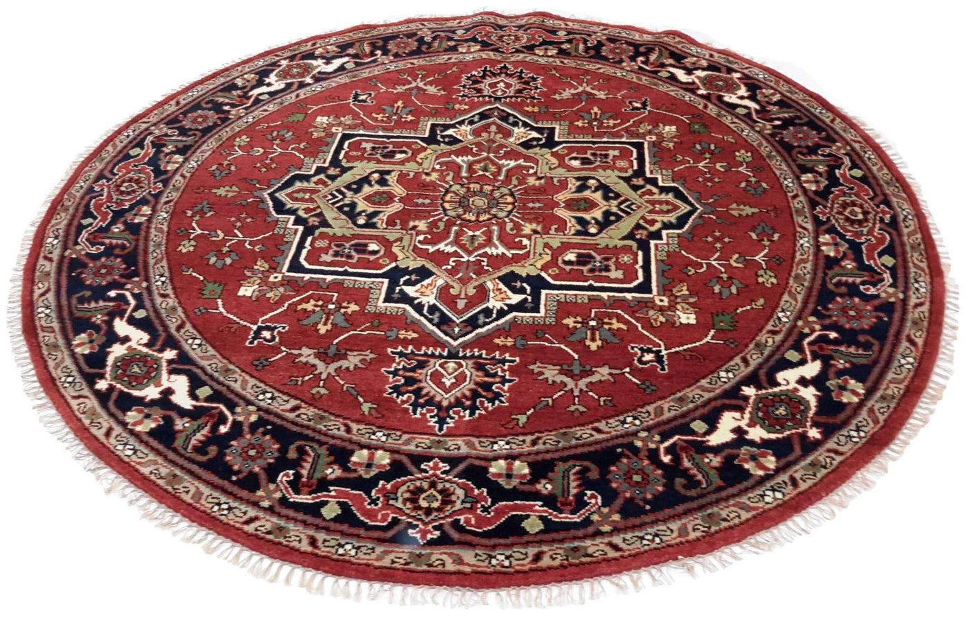 Canvello Hand Made Formal Medallion Indo Heriz Rug - 7'11'' X 7'11'' - Canvello