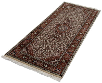 Canvello Hand Made Formal Tabriz Medallion Beige Background Red Border Silk/Wool on Cotton - 2'6'' X 6'1'' - Canvello