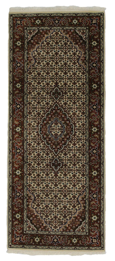 Canvello Hand Made Formal Tabriz Medallion Beige Background Red Border Silk/Wool on Cotton - 2'6'' X 6'1'' - Canvello