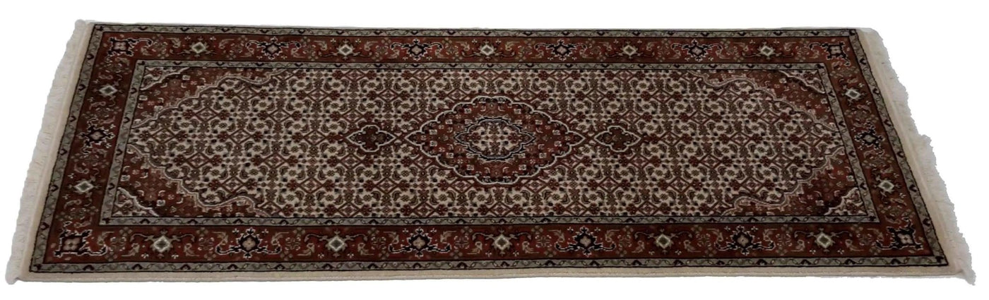 Canvello Hand Made Formal Tabriz Medallion Beige Background Red Border Silk/Wool on Cotton - 2'6'' X 6'1'' - Canvello