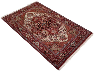 Canvello Hand Made Traditional Medallion Indo Heriz Rug - 4'0'' X 6'1'' - Canvello