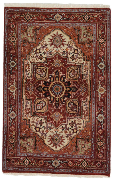 Canvello Hand Made Traditional Medallion Indo Heriz Rug - 4'0'' X 6'1'' - Canvello