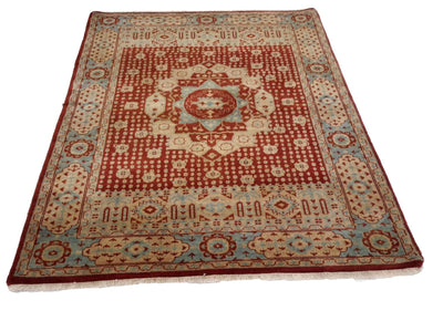 Canvello Hand Made Transitional Medallion Indo Rug - 4'2'' X 5'10'' - Canvello