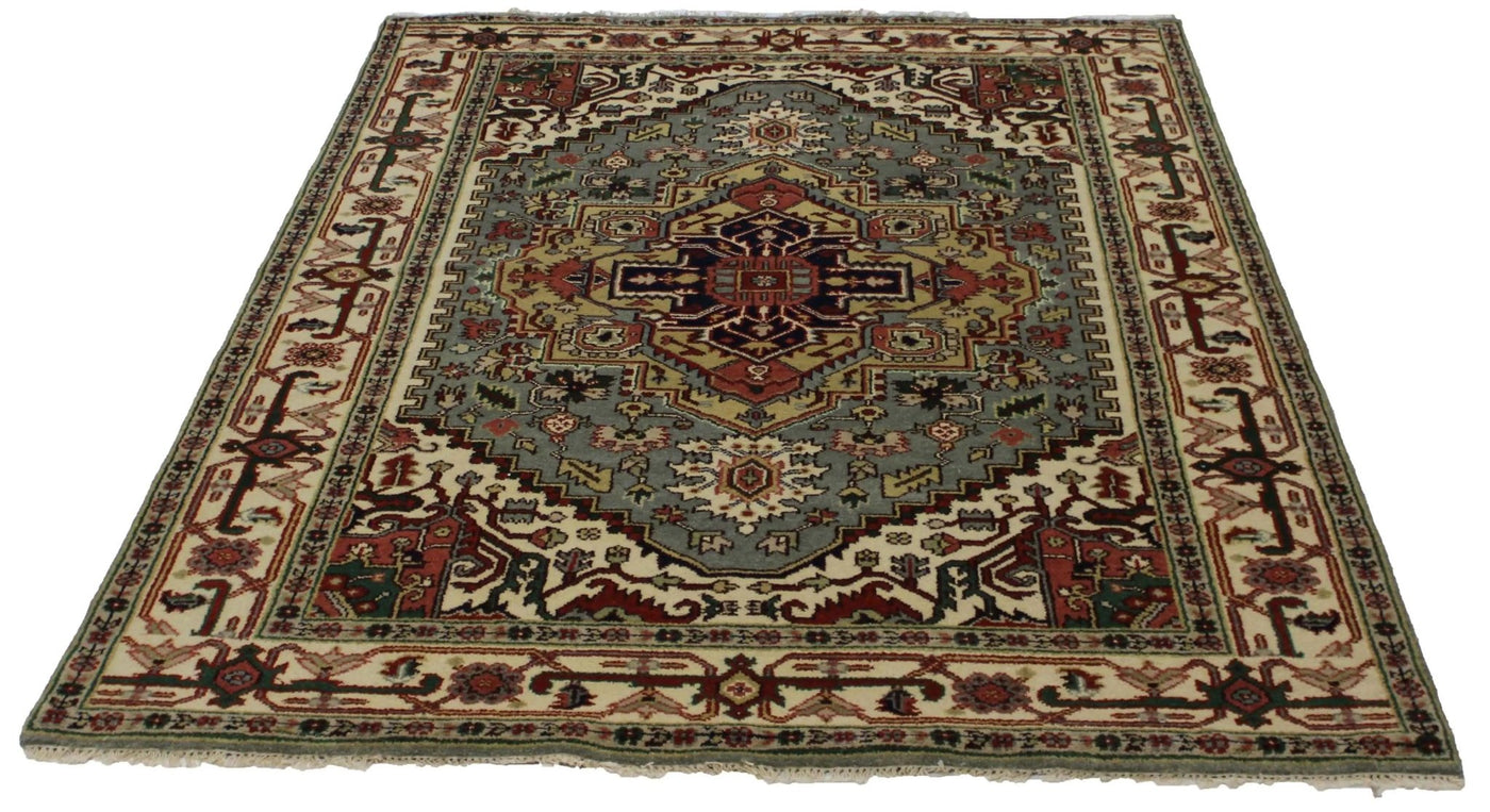 Canvello Hand Made Transitional Medallion Indo Tabriz Rug - 6'1'' X 9'1'' - Canvello