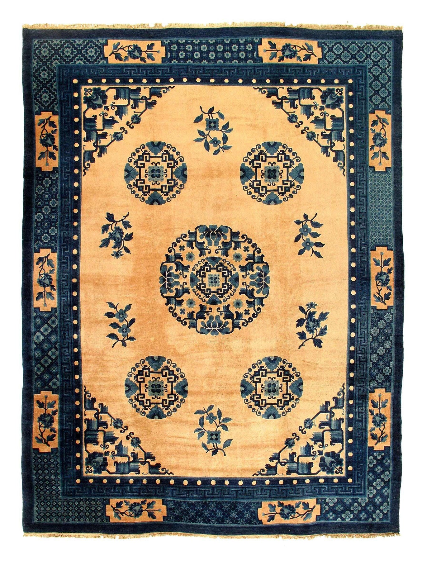 Canvello Handmade Antique Ivory Navy Blue Chinese Peking Wool Rug for Living Room - 9'2'' X 12'3''
