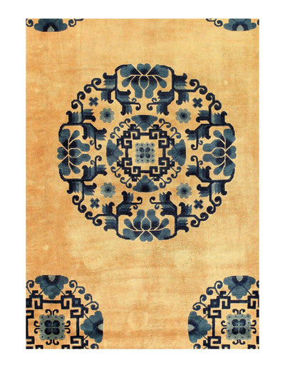 Canvello Handmade Antique Ivory Navy Blue Chinese Peking Wool Rug for Living Room - 9'2'' X 12'3''