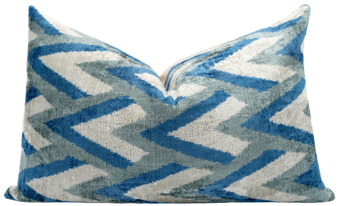 Canvello Handmade Chevron Velvet Throw Pillow in Blue and Grey - Ideal for Modern and Coastal Decor - 24x16 in - Canvello