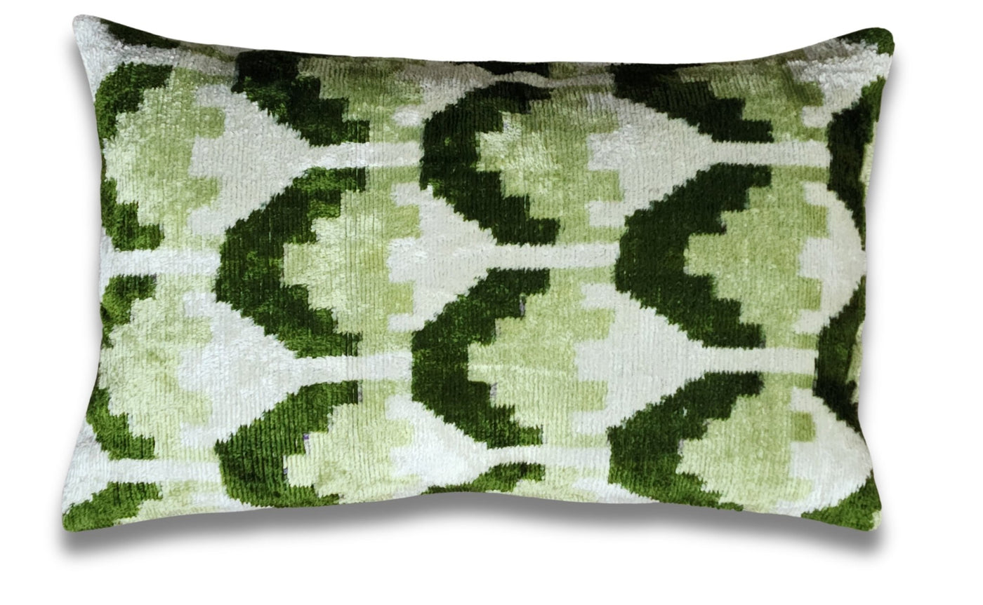 Canvello Handmade Green Geometric Silk Velvet Ikat pillow - 11"X15" - Canvello