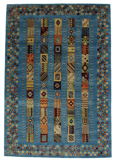 Handmade Hand knotted Modern Casual All Over Indo Blue Gabbeh Transitional Oriental Premium Wool Area Rug for Living Room - 6'7'' X 9'7''