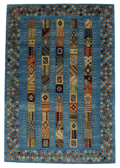 Canvello Handmade Hand knotted Modern Casual All Over Indo Blue Gabbeh Transitional Oriental Premium Wool Area Rug for Living Room - 6'7'' X 9'7'' - Canvello