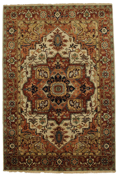 Canvello Handmade Hand knotted Traditional Beige Medallion Indo Serapi Transitional Oriental Premium Wool Area Rug for Living Room - 5'10'' X 8'9'' - Canvello