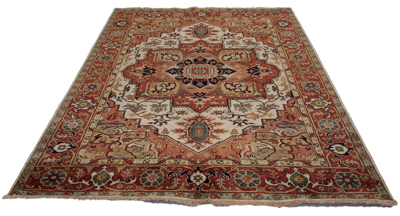 Canvello Handmade Hand knotted Traditional Beige Medallion Indo Serapi Transitional Oriental Premium Wool Area Rug for Living Room - 5'10'' X 8'9'' - Canvello