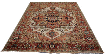 Canvello Handmade Hand knotted Traditional Beige Medallion Indo Serapi Transitional Oriental Premium Wool Area Rug for Living Room - 5'10'' X 8'9'' - Canvello