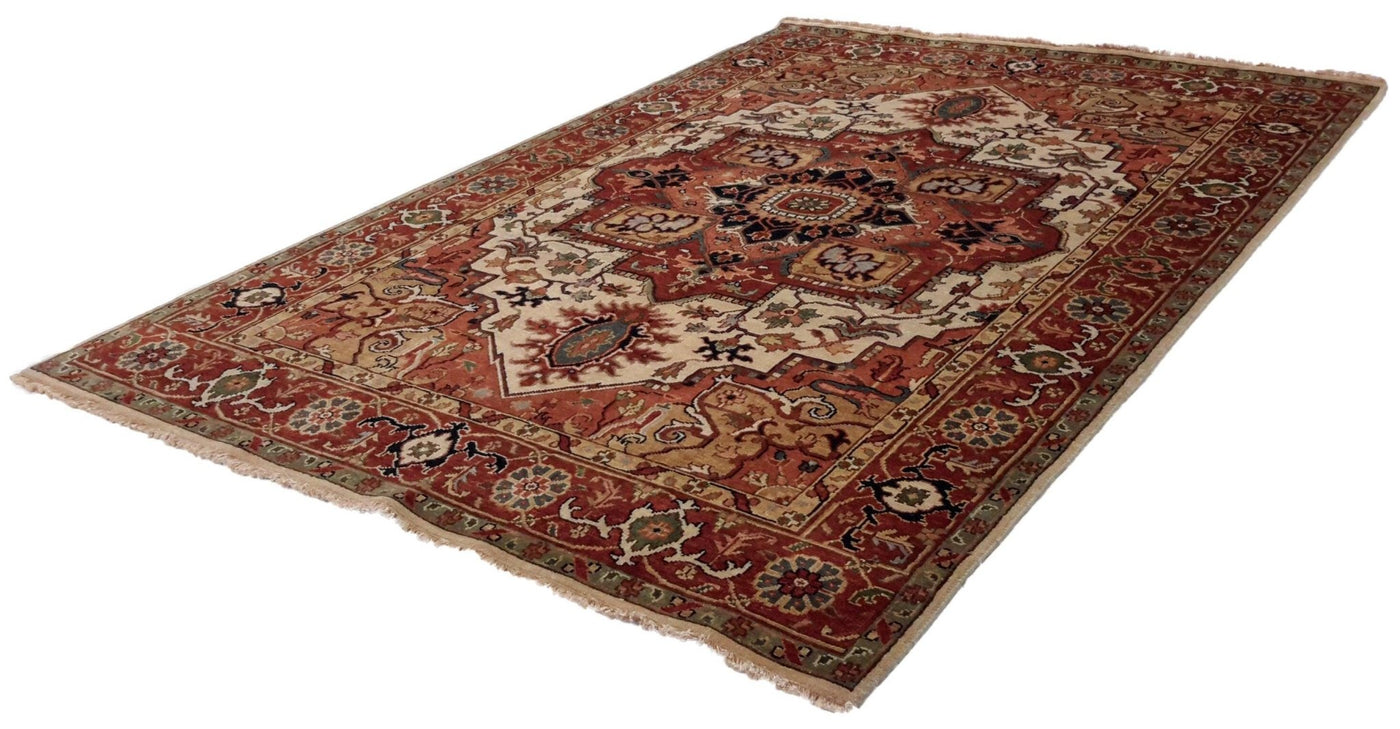 Canvello Handmade Hand knotted Traditional Beige Medallion Indo Serapi Transitional Oriental Premium Wool Area Rug for Living Room - 5'10'' X 8'9'' - Canvello