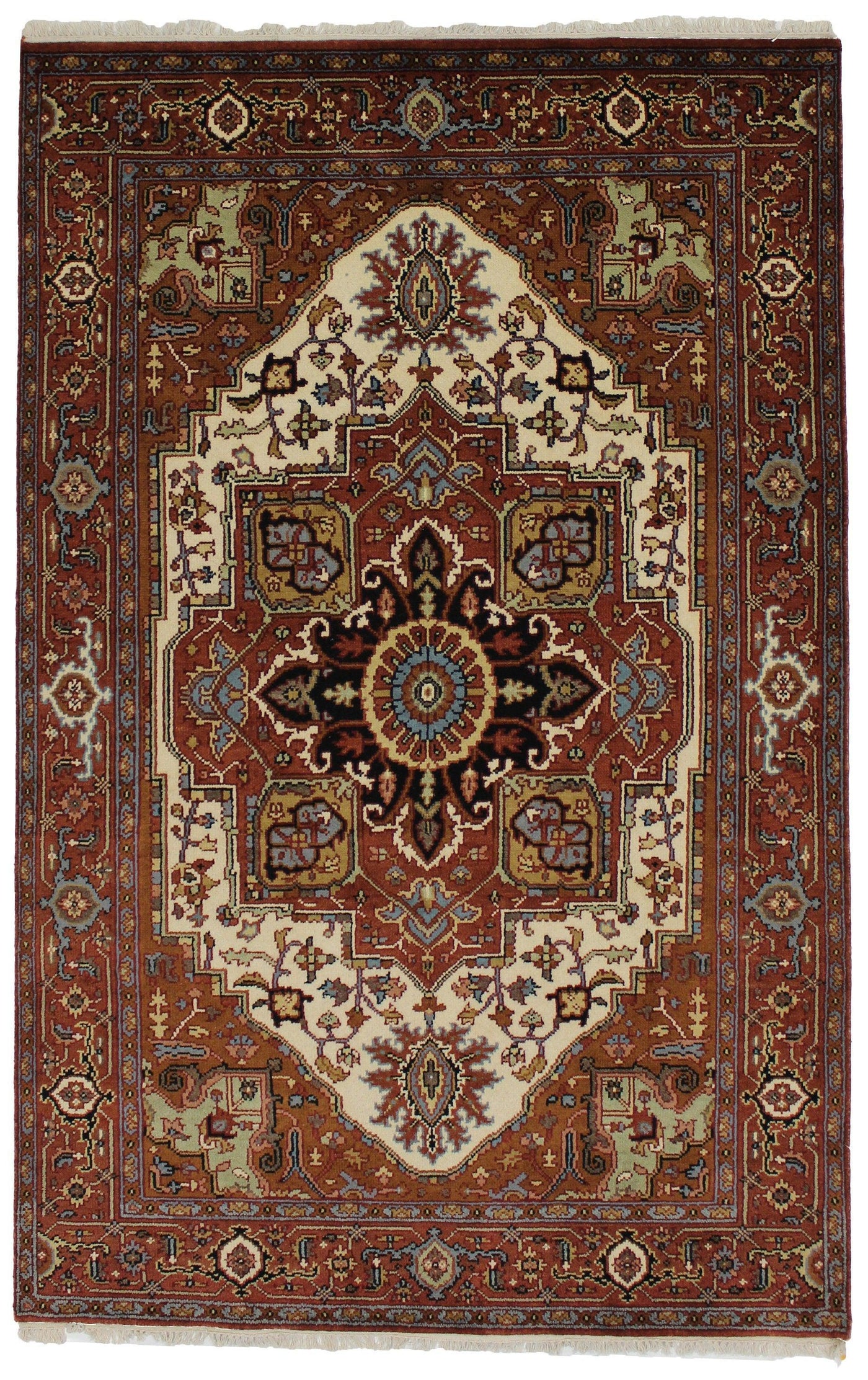 Handmade Hand knotted Traditional Orange Medallion Indo Serapi Transitional Oriental Premium Wool Area Rug for Living Room - 5'10'' X 9'1''