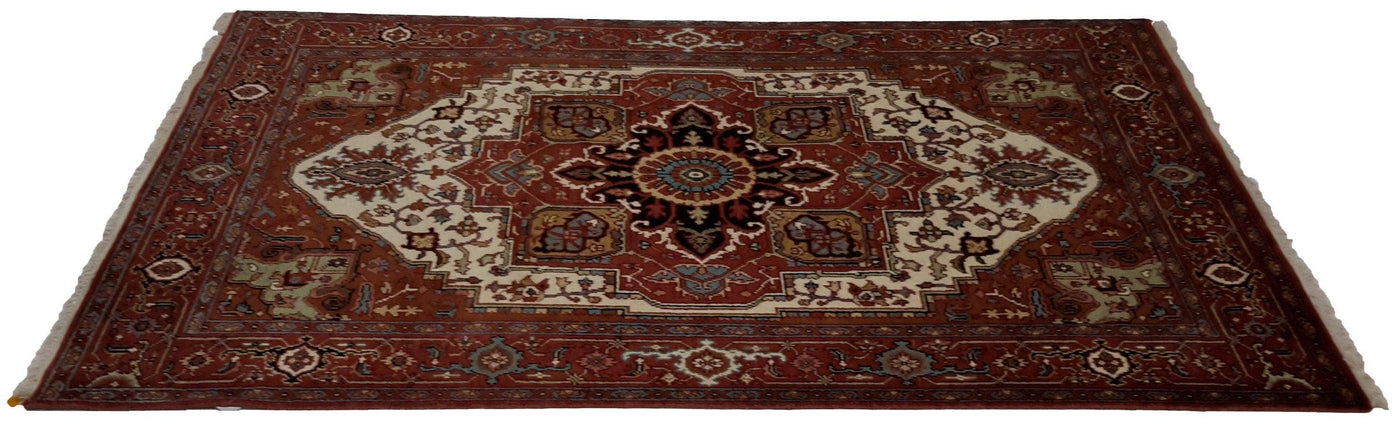Handmade Hand knotted Traditional Orange Medallion Indo Serapi Transitional Oriental Premium Wool Area Rug for Living Room - 5'10'' X 9'1''