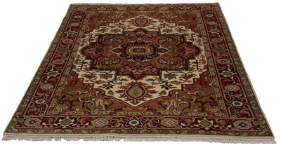 Canvello Handmade Hand knotted Traditional Orange Medallion Indo Serapi Transitional Oriental Premium Wool Area Rug for Living Room - 5'11'' X 8'11'' - Canvello