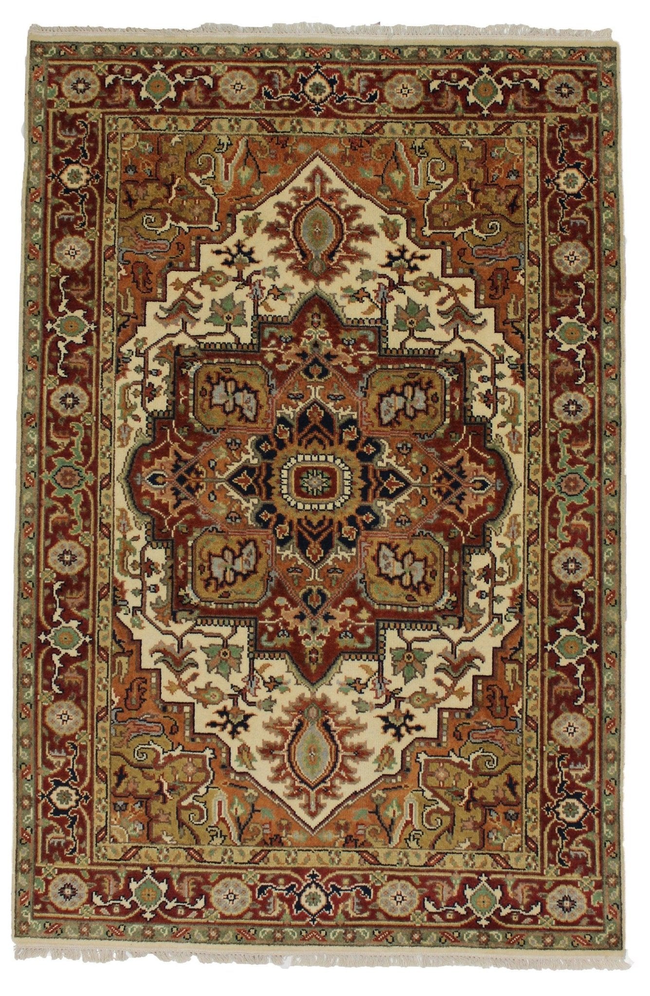 Canvello Handmade Hand knotted Traditional Orange Medallion Indo Serapi Transitional Oriental Premium Wool Area Rug for Living Room - 5'11'' X 8'11'' - Canvello