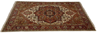 Canvello Handmade Hand knotted Traditional Orange Medallion Indo Serapi Transitional Oriental Premium Wool Area Rug for Living Room - 5'11'' X 8'11'' - Canvello