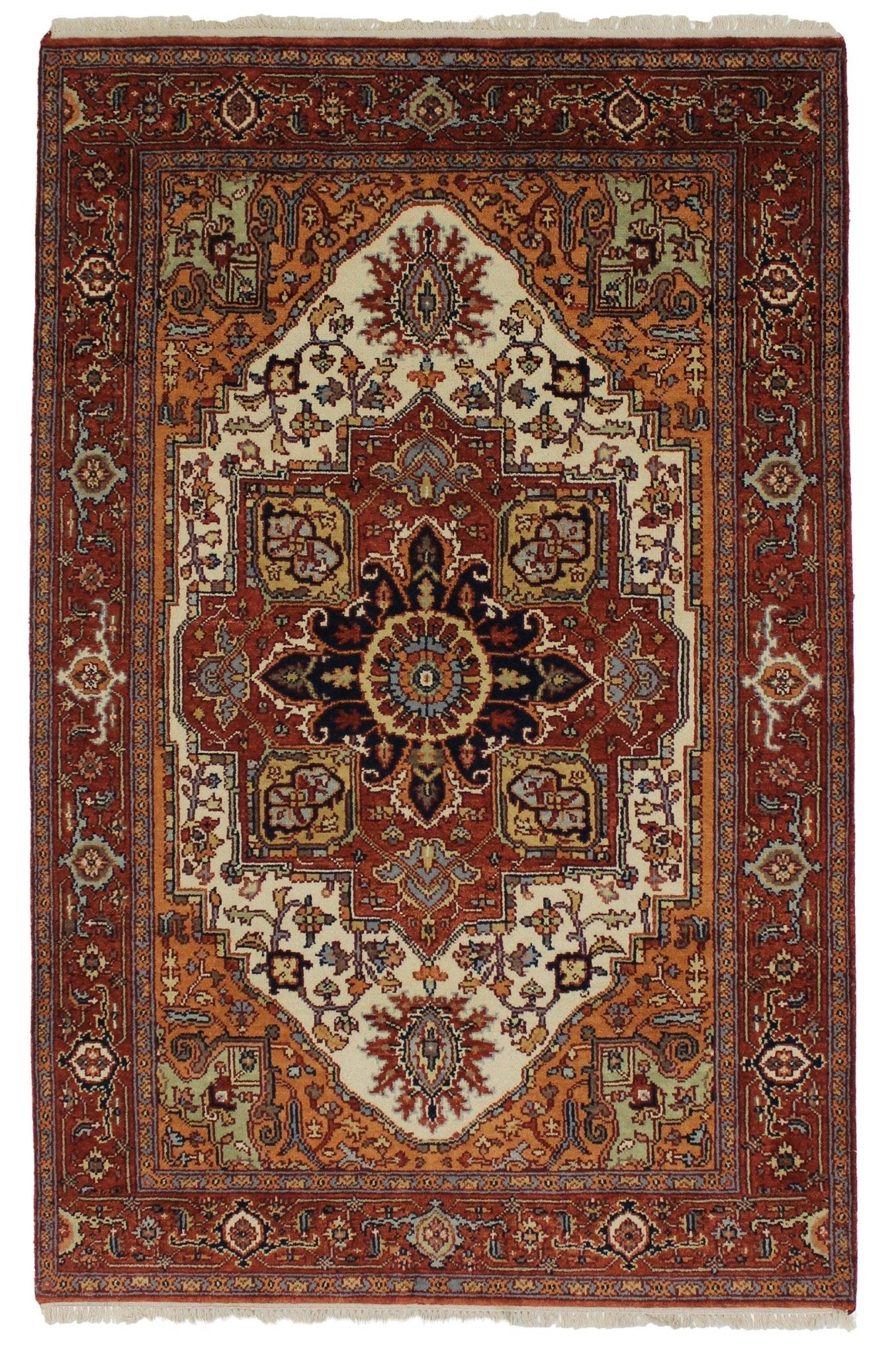 Canvello Handmade Hand knotted Traditional Orange Medallion Indo Serapi Transitional Oriental Premium Wool Area Rug for Living Room - 5'9'' X 8'10'' - Canvello