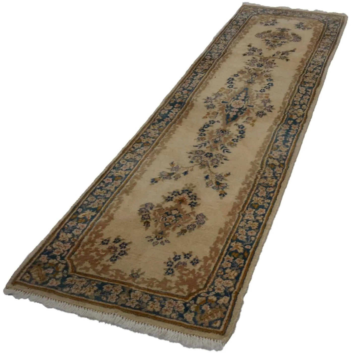 Canvello Handmade Kerman Navy And Beige Rug - 2'6'' X 9'5'' - Canvello