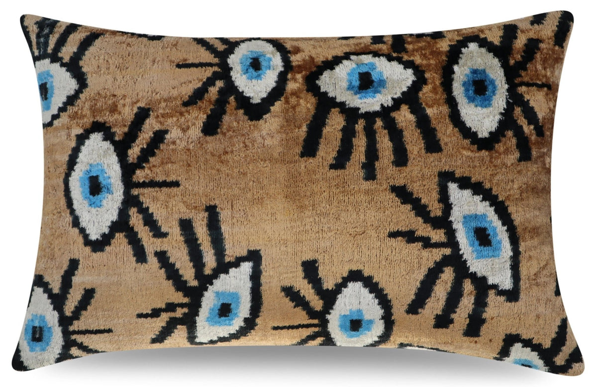Canvello Handmade Luxury Velvet Silk Evil Eye Throw Pillow With Down Insert- 16x24 in