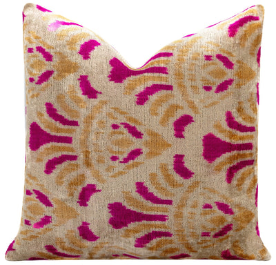 Canvello Handmade Pink and Gold Floral Design Throw Pillow - 16x16 inch, Silk Velvet, Vegetable Dyed with Premium Down Feather Insert - Canvello