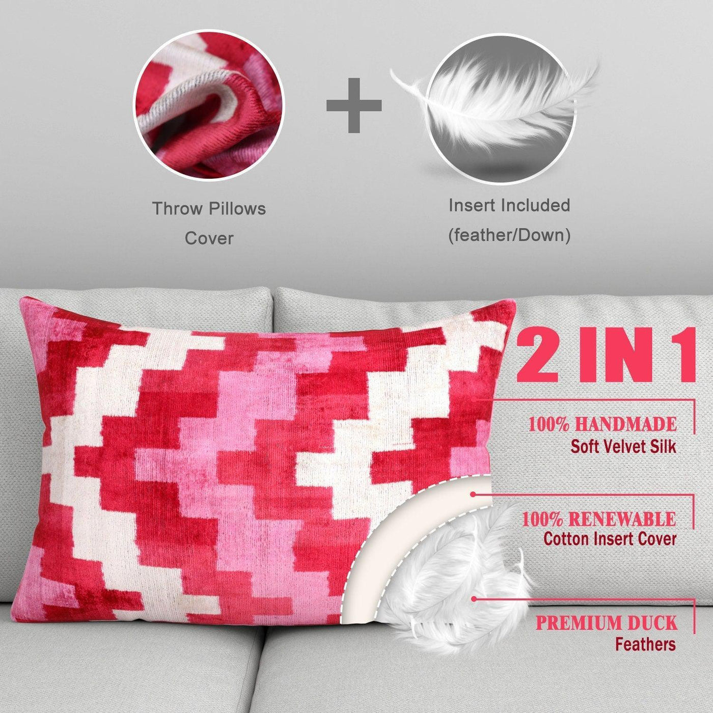 Canvello Handmade Pink Red Throw Pillows For Couch - 16x24 in - Canvello