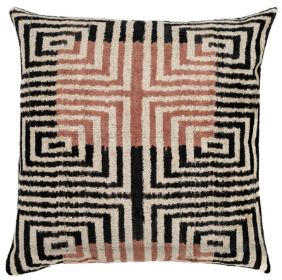 Canvello Handmade Silk Velvet Throw Pillow with Down Feather Insert – Maze Pattern in Black, Grey, and Terracotta - 22"X22" - Canvello