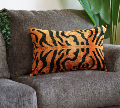 Canvello Handmade Tiger Print Velvet Throw Pillow with Down Insert - 16X24 in - Canvello