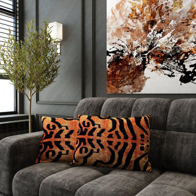 Canvello Handmade Tiger Print Velvet Throw Pillow with Down Insert - 16X24 in - Canvello