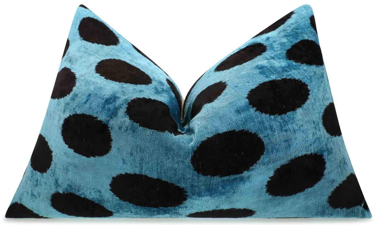 Canvello Handmade Velvet Lumbar Pillow in Blue and Black Polka Dot Design - High-Quality 16x24 Inch Decorative Accent with Premium Down Feather Insert