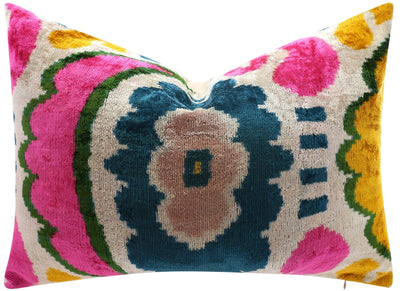 Canvello Handmade Velvet Lumbar Pillow in Bright Pink, Teal, and Yellow Floral Ikat Design - High - Quality 16x24 Inch Decorative Accent for Sofas, Couches, and Interior Design - Canvello