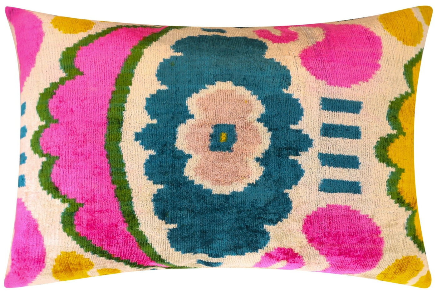 Canvello Handmade Velvet Lumbar Pillow in Bright Pink, Teal, and Yellow Floral Ikat Design - High - Quality 16x24 Inch Decorative Accent for Sofas, Couches, and Interior Design - Canvello