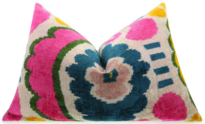 Canvello Handmade Velvet Lumbar Pillow in Bright Pink, Teal, and Yellow Floral Ikat Design - High - Quality 16x24 Inch Decorative Accent for Sofas, Couches, and Interior Design - Canvello