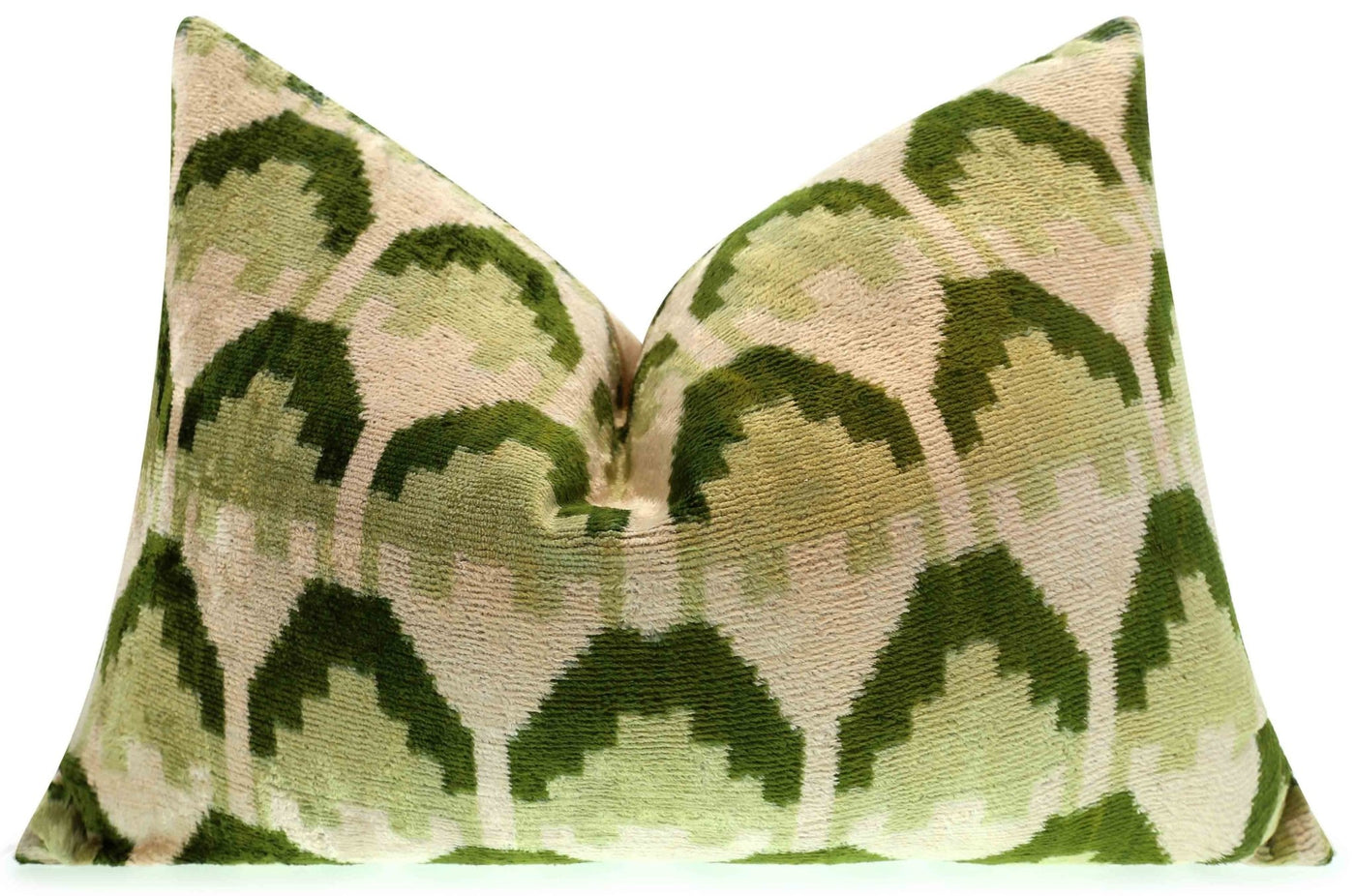 Canvello Handmade Velvet Lumbar Pillow in Green and Cream Ikat Design - High - Quality Decorative Accent with Premium Down Feather Insert - Canvello