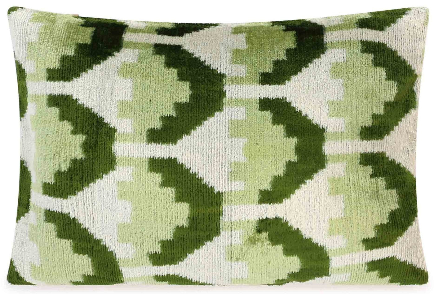 Canvello Handmade Velvet Lumbar Pillow in Green and Cream Ikat Design - High - Quality Decorative Accent with Premium Down Feather Insert - Canvello