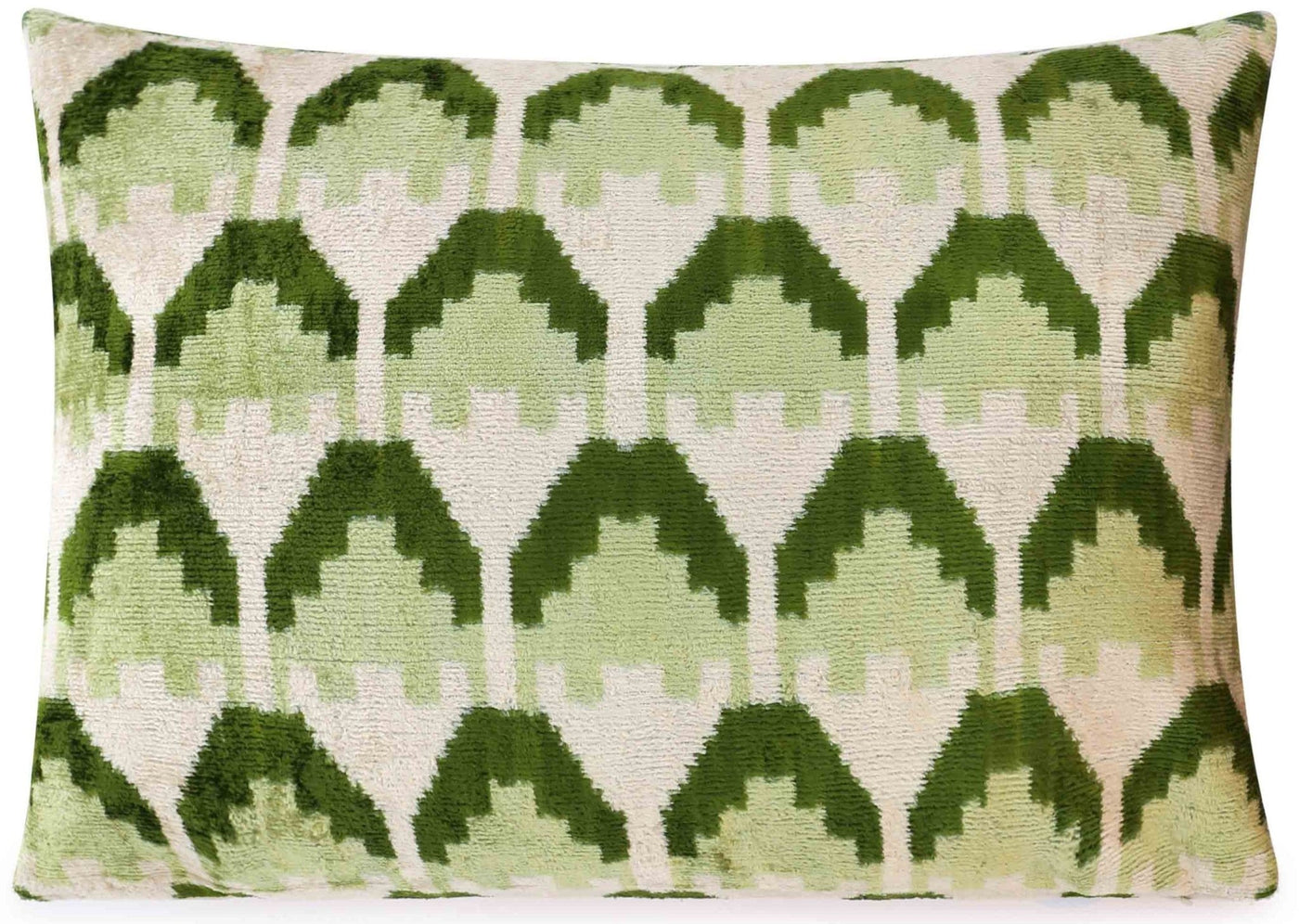 Canvello Handmade Velvet Lumbar Pillow in Green and Cream Ikat Design - High - Quality Decorative Accent with Premium Down Feather Insert - Canvello