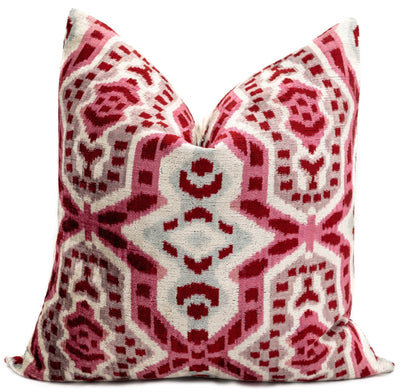 Canvello Handmade Velvet Throw Pillow with Red and Pink Ikat Design - High - Quality 20x20 Inch Decorative Accent with Premium Down Feather - Canvello