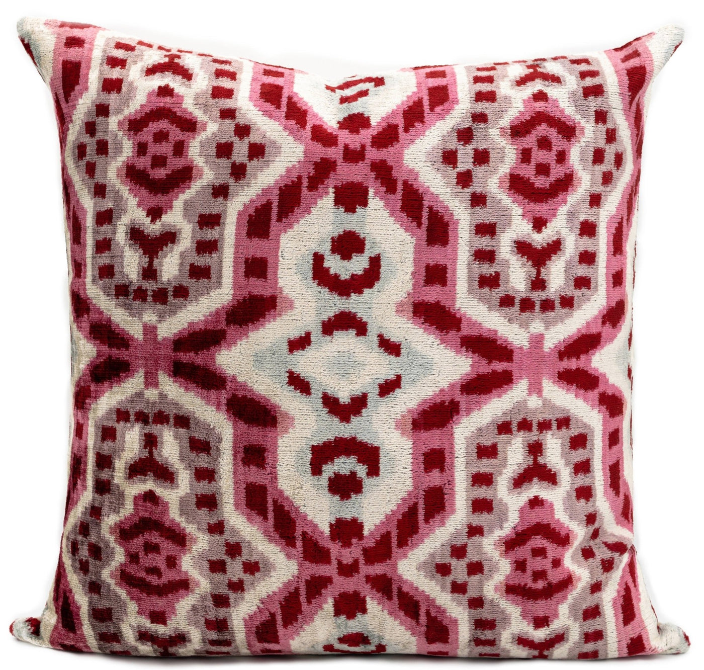 Canvello Handmade Velvet Throw Pillow with Red and Pink Ikat Design - High - Quality 20x20 Inch Decorative Accent with Premium Down Feather - Canvello