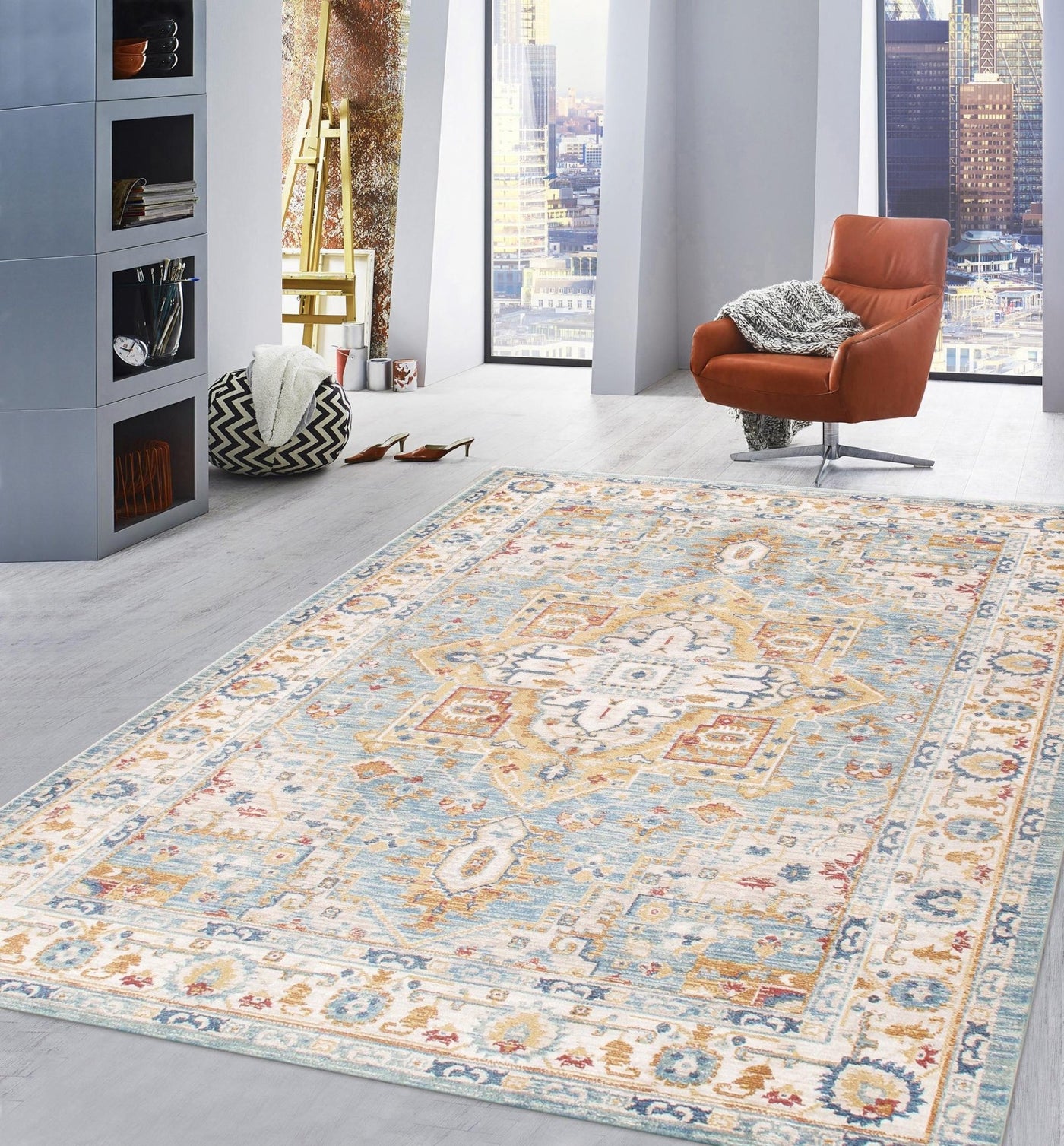 Canvello Heritage Design Light Blue Fabric Area Rug - 4' X 6' - Canvello