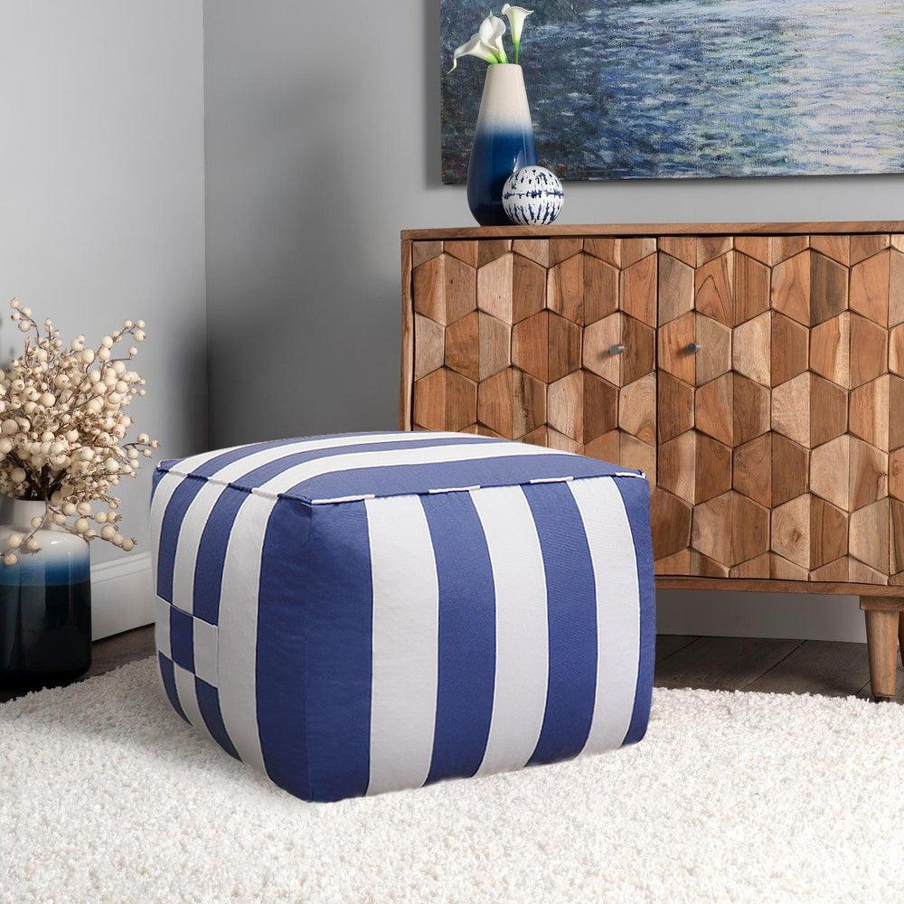 Canvello Home Galaxy White/Blue Striped Pouf - Canvello