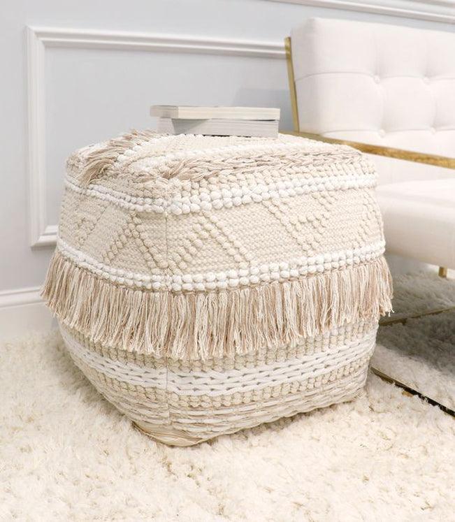 Canvello Home Grandcanyon Beige Cotton Pouf with Tassel - Canvello