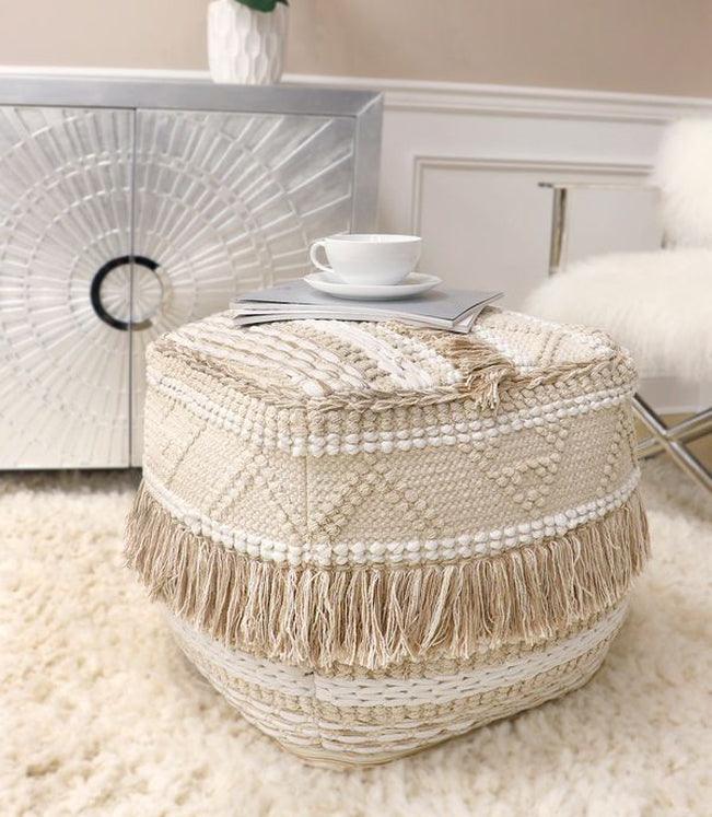 Canvello Home Grandcanyon Beige Cotton Pouf with Tassel - Canvello