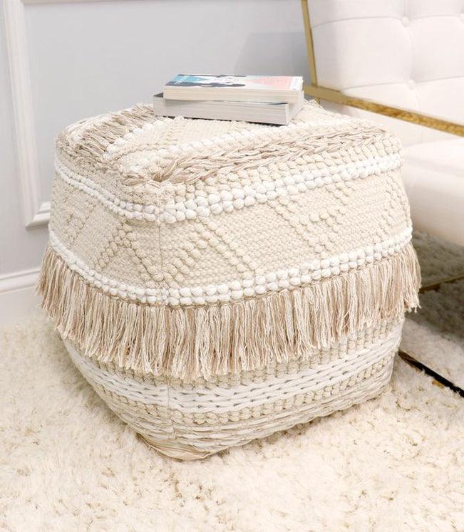 Canvello Home Grandcanyon Beige Cotton Pouf with Tassel - Canvello