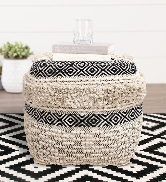 Canvello Home Grandcanyon Cotton Pouf (Ivory/Black) - Canvello