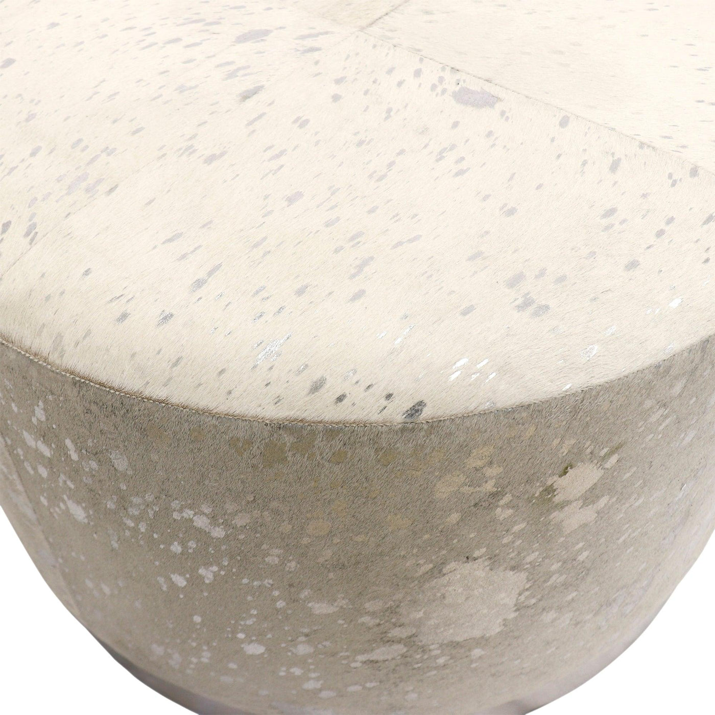 Canvello Home Safari Cowhide Upholstered Round Ottoman with Silver Steel Base - Canvello