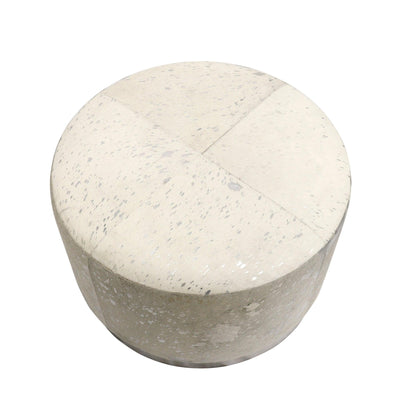 Canvello Home Safari Cowhide Upholstered Round Ottoman with Silver Steel Base