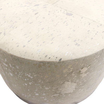 Canvello Home Safari Cowhide Upholstered Round Ottoman with Silver Steel Base